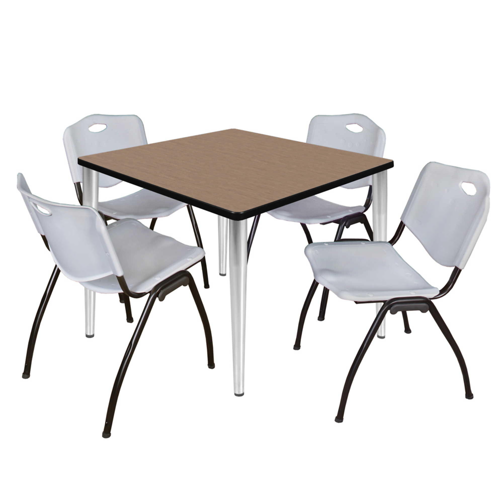 Regency Kahlo Breakroom Table Set — 36in. Square, Noble Oak/Neo Walnut Top, Chrome Base, 4 Grey Stack Chairs, Model# TPL3636NOCM47GY